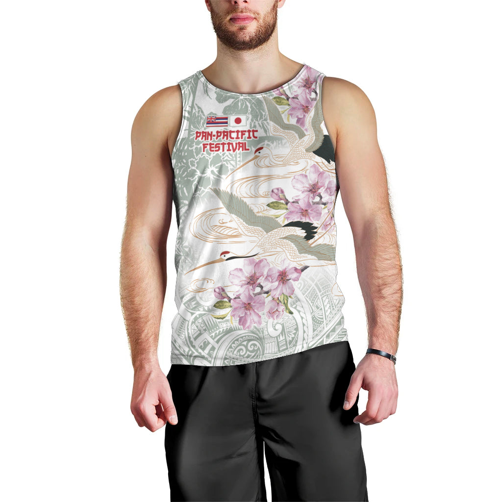 Personalized Japanese Shirasagi Bird Men Tank Top Sakura and Hibiscus Polynesian Pattern LT9 - Polynesian Pride