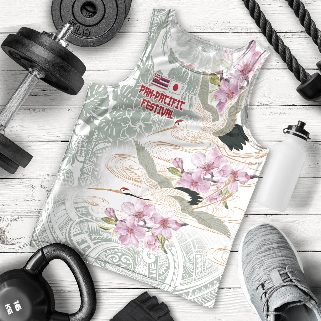 Personalized Japanese Shirasagi Bird Men Tank Top Sakura and Hibiscus Polynesian Pattern LT9 - Polynesian Pride