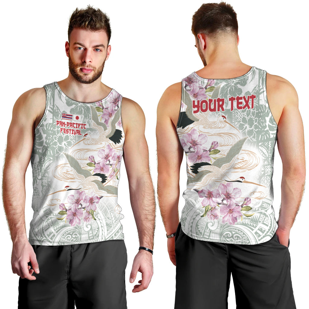 Personalized Japanese Shirasagi Bird Men Tank Top Sakura and Hibiscus Polynesian Pattern LT9 - Polynesian Pride