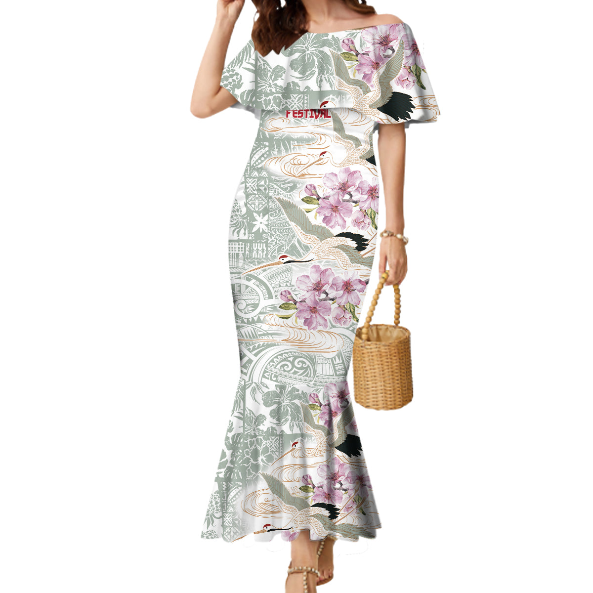 Personalized Japanese Shirasagi Bird Mermaid Dress Sakura and Hibiscus Polynesian Pattern