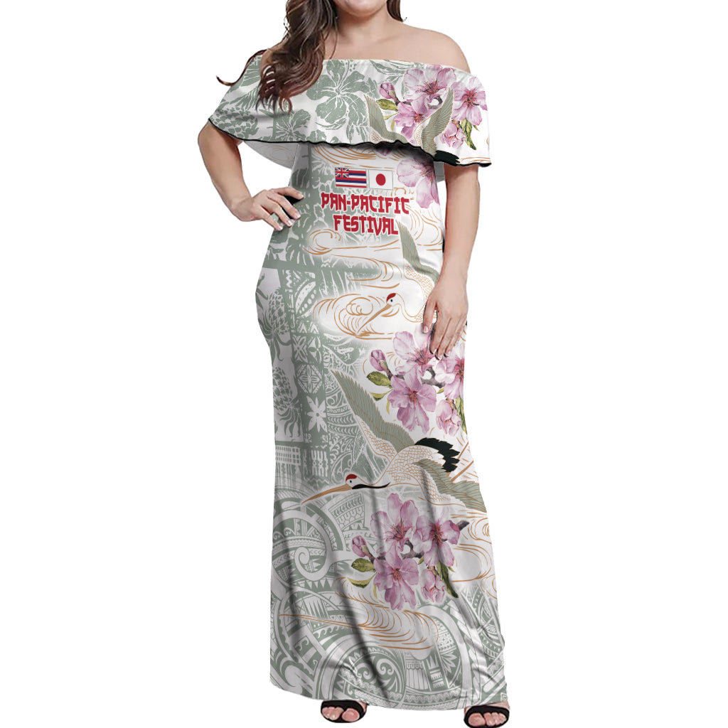 Personalized Japanese Shirasagi Bird Off Shoulder Maxi Dress Sakura and Hibiscus Polynesian Pattern LT9 Women White - Polynesian Pride