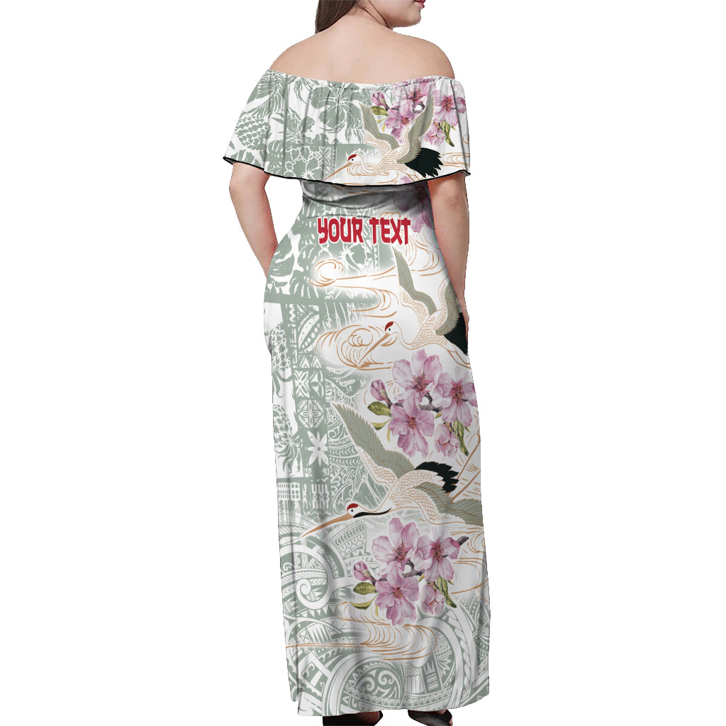 Personalized Japanese Shirasagi Bird Off Shoulder Maxi Dress Sakura and Hibiscus Polynesian Pattern LT9 - Polynesian Pride