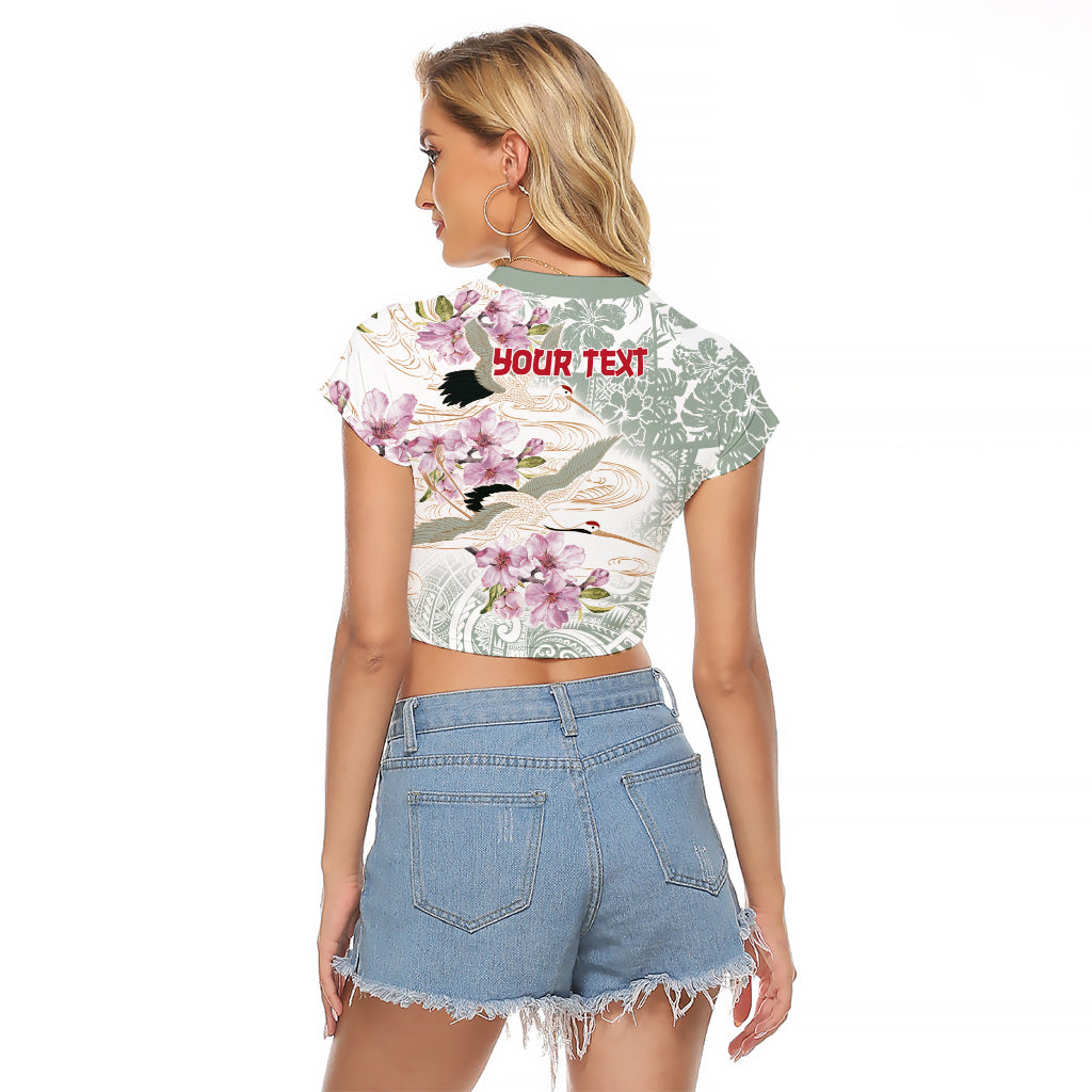 Personalized Japanese Shirasagi Bird Raglan Cropped T Shirt Sakura and Hibiscus Polynesian Pattern