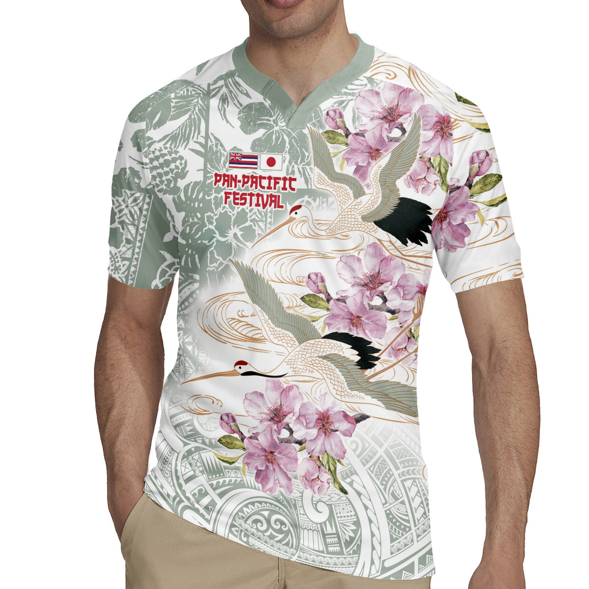 Personalized Japanese Shirasagi Bird Rugby Jersey Sakura and Hibiscus Polynesian Pattern