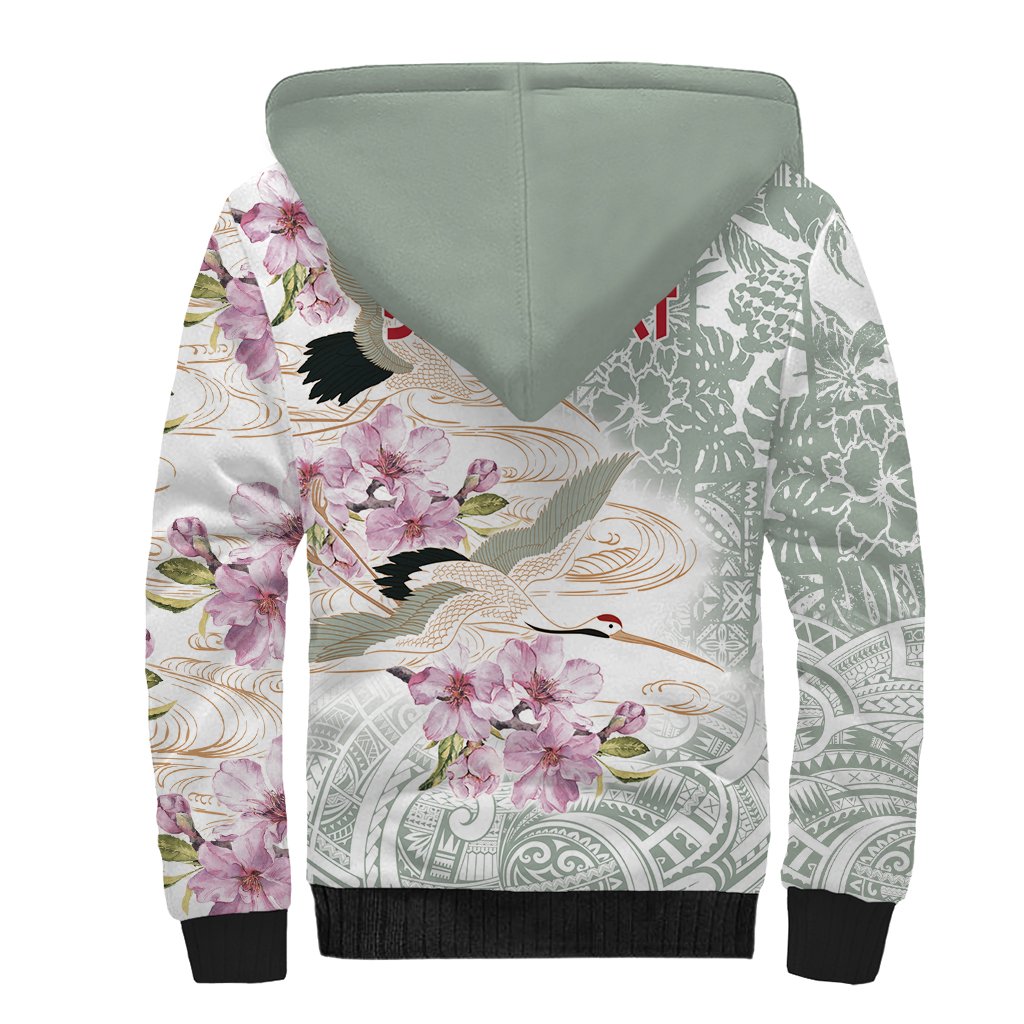 Personalized Japanese Shirasagi Bird Sherpa Hoodie Sakura and Hibiscus Polynesian Pattern LT9 - Polynesian Pride
