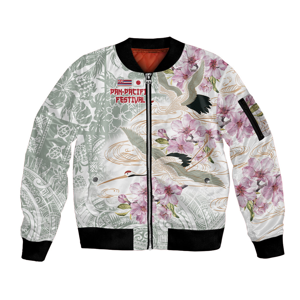 Personalized Japanese Shirasagi Bird Sleeve Zip Bomber Jacket Sakura and Hibiscus Polynesian Pattern LT9 Unisex White - Polynesian Pride