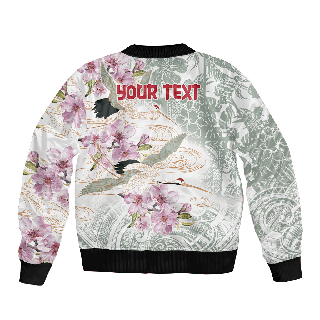 Personalized Japanese Shirasagi Bird Sleeve Zip Bomber Jacket Sakura and Hibiscus Polynesian Pattern LT9 - Polynesian Pride