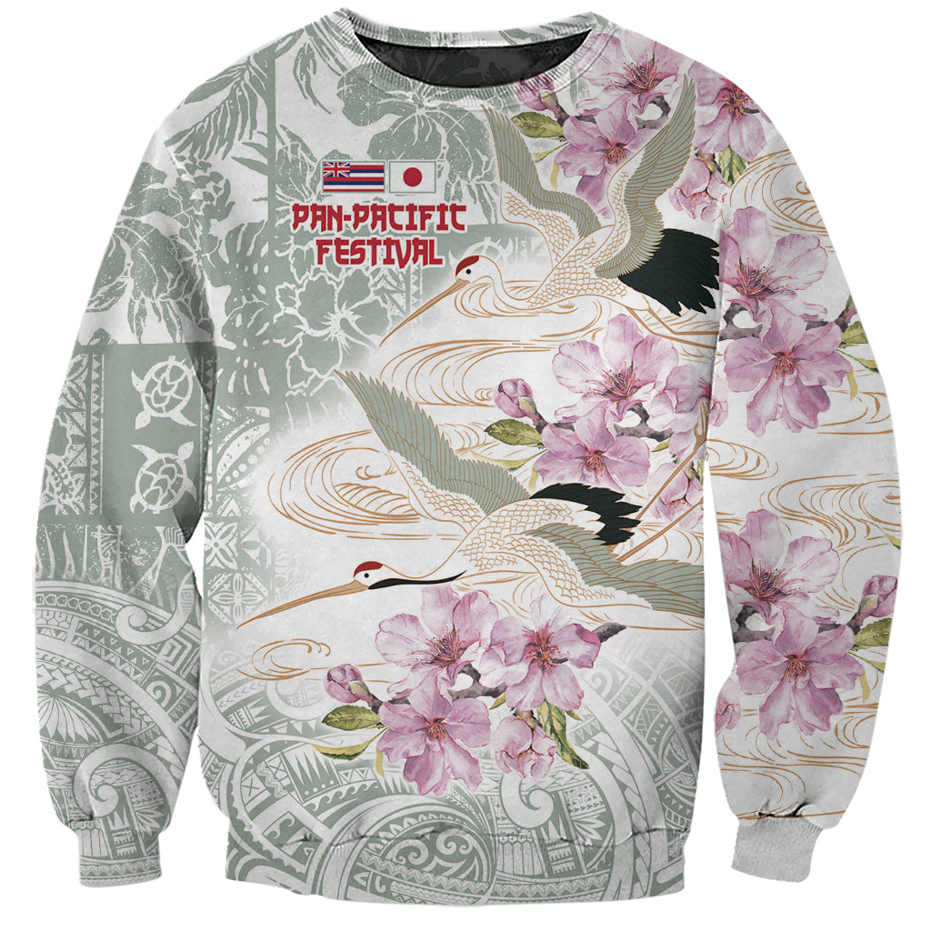 Personalized Japanese Shirasagi Bird Sweatshirt Sakura and Hibiscus Polynesian Pattern LT9 Unisex White - Polynesian Pride