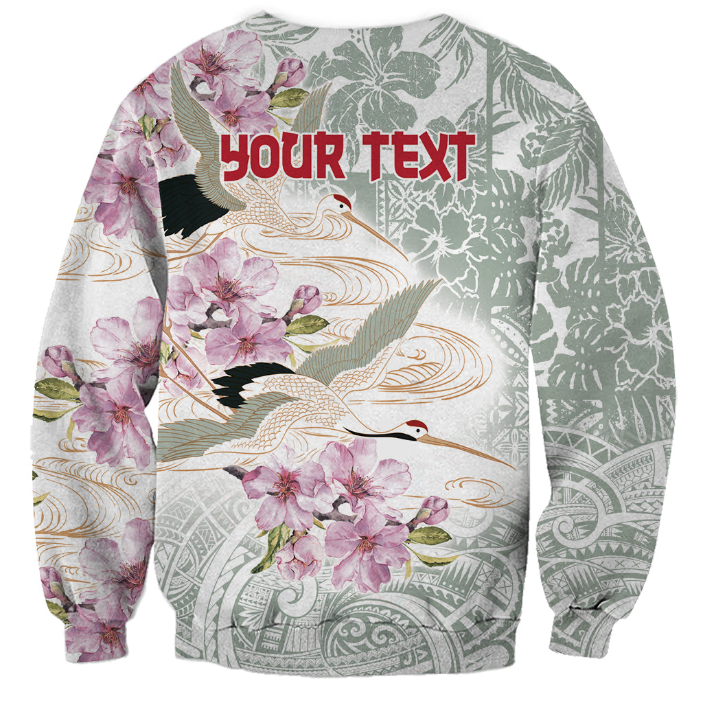 Personalized Japanese Shirasagi Bird Sweatshirt Sakura and Hibiscus Polynesian Pattern LT9 - Polynesian Pride