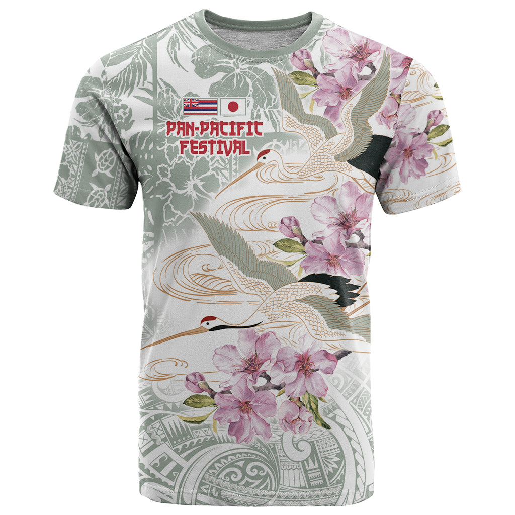 Personalized Japanese Shirasagi Bird T Shirt Sakura and Hibiscus Polynesian Pattern