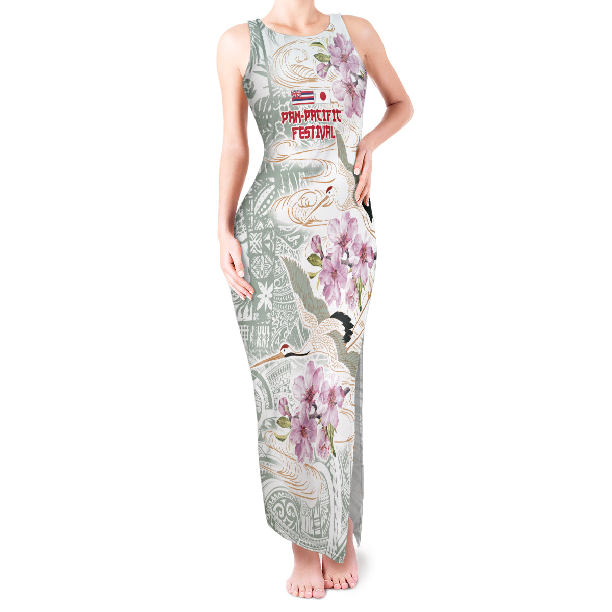 Personalized Japanese Shirasagi Bird Tank Maxi Dress Sakura and Hibiscus Polynesian Pattern