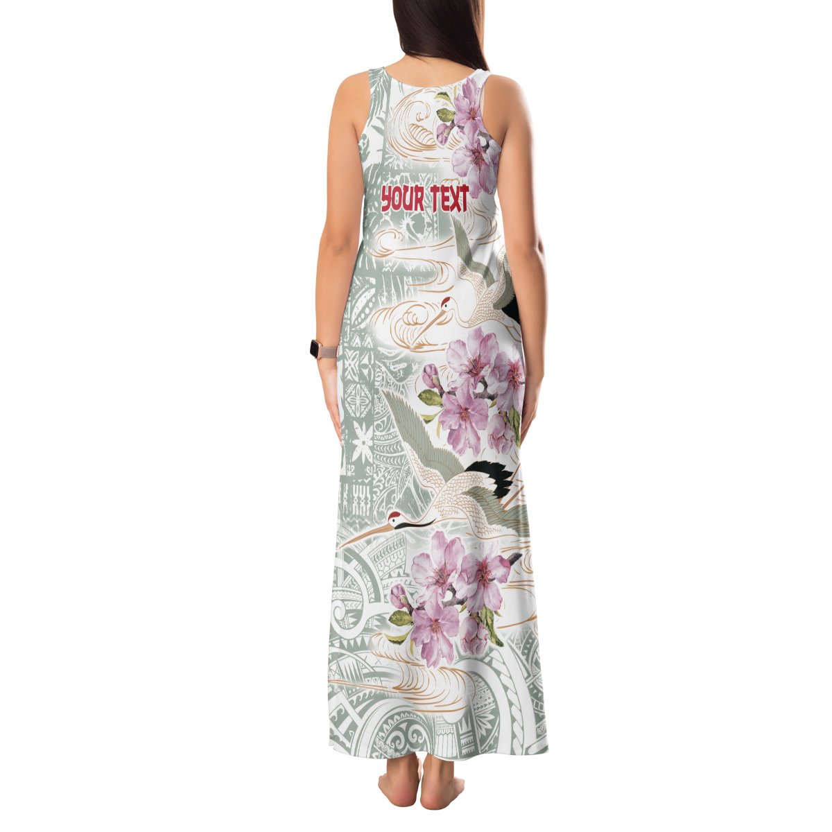 Personalized Japanese Shirasagi Bird Tank Maxi Dress Sakura and Hibiscus Polynesian Pattern LT9 - Polynesian Pride