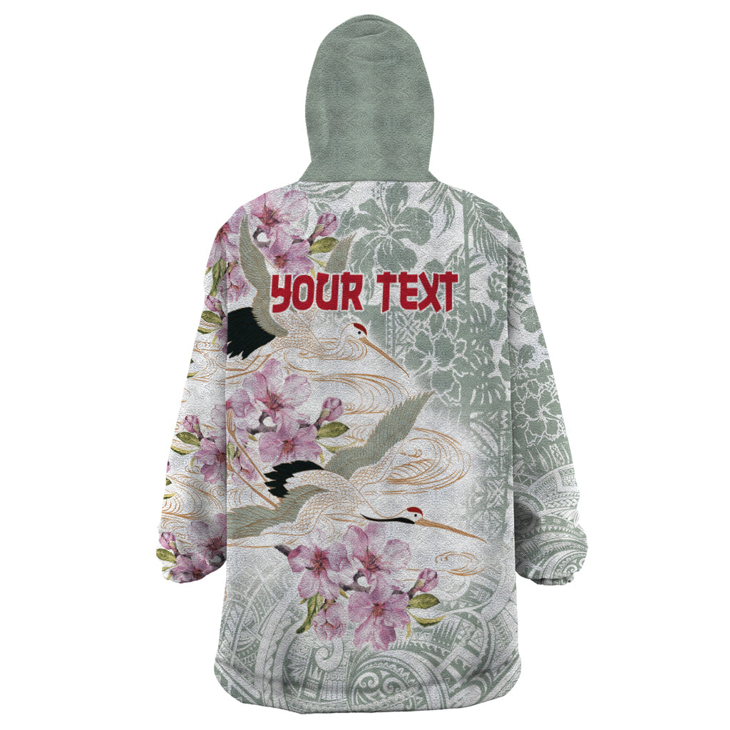 Personalized Japanese Shirasagi Bird Wearable Blanket Hoodie Sakura and Hibiscus Polynesian Pattern LT9 - Polynesian Pride