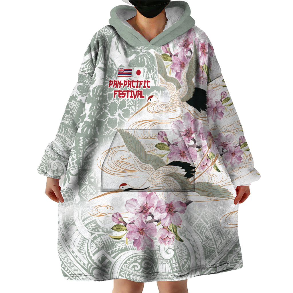 Personalized Japanese Shirasagi Bird Wearable Blanket Hoodie Sakura and Hibiscus Polynesian Pattern LT9 - Polynesian Pride