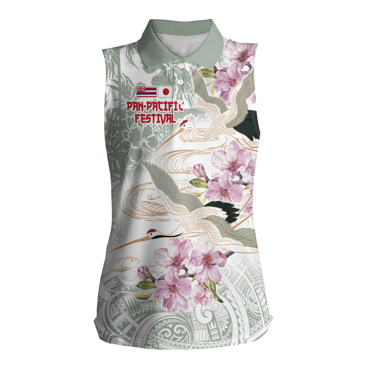 Personalized Japanese Shirasagi Bird Women Sleeveless Polo Shirt Sakura and Hibiscus Polynesian Pattern