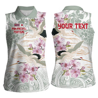 Personalized Japanese Shirasagi Bird Women Sleeveless Polo Shirt Sakura and Hibiscus Polynesian Pattern