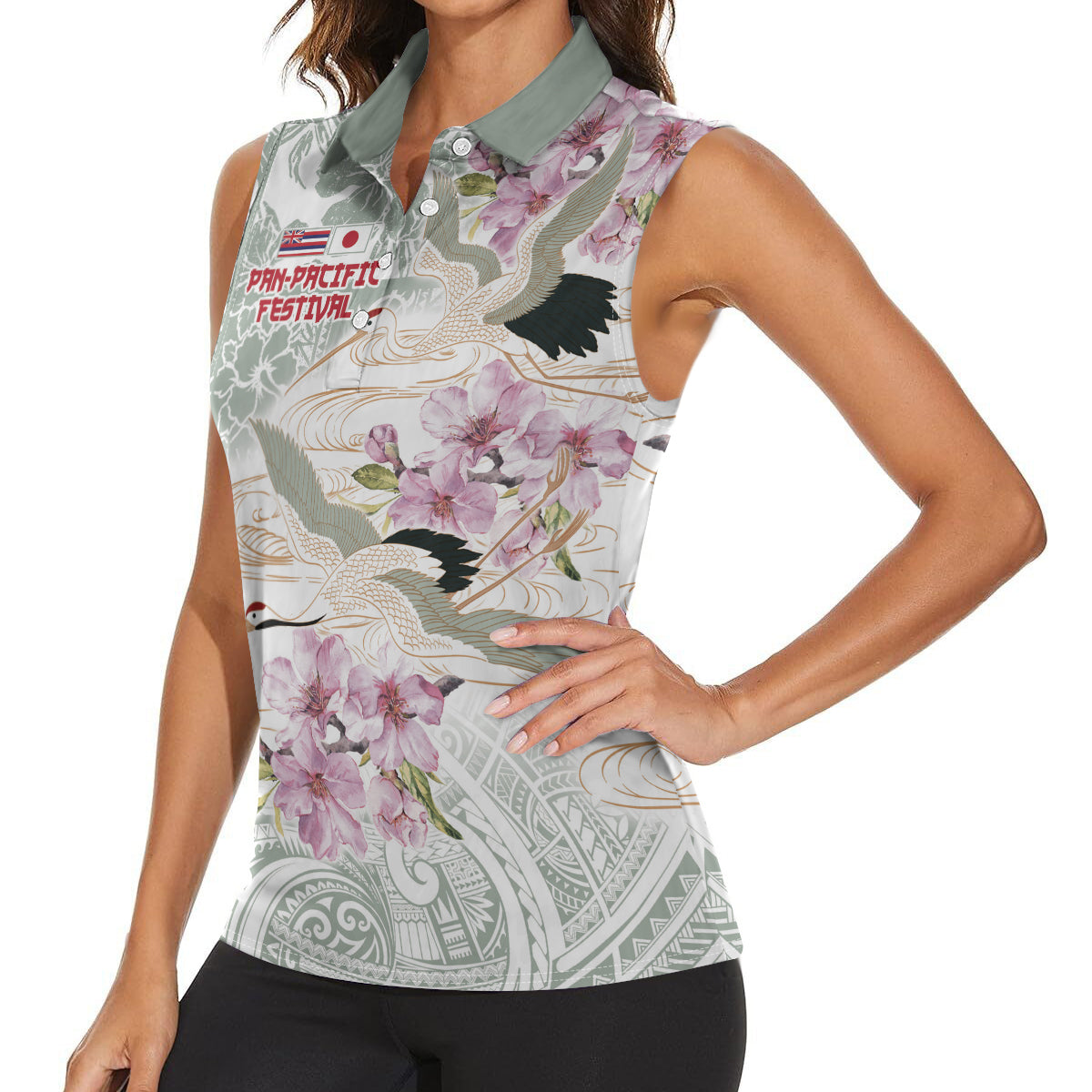 Personalized Japanese Shirasagi Bird Women Sleeveless Polo Shirt Sakura and Hibiscus Polynesian Pattern