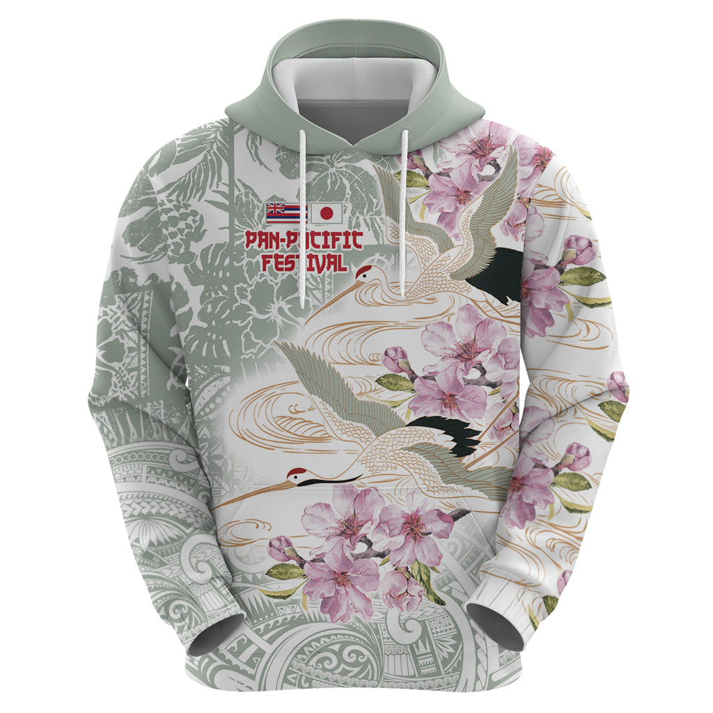 Personalized Japanese Shirasagi Bird Zip Hoodie Sakura and Hibiscus Polynesian Pattern