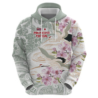 Personalized Japanese Shirasagi Bird Zip Hoodie Sakura and Hibiscus Polynesian Pattern