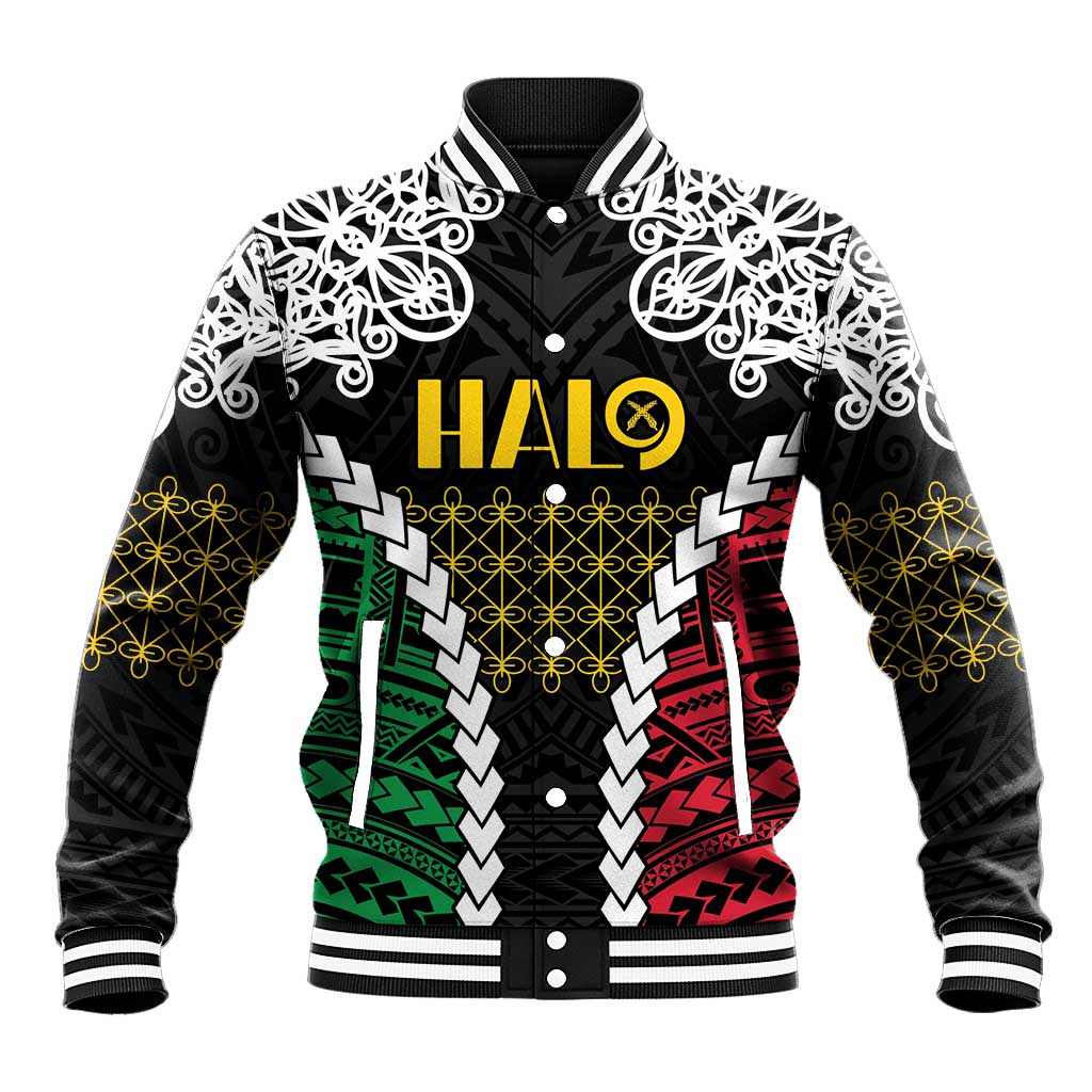 Halo Vanuatu Pride Baseball Jacket Vanuatuan Sand Drawing Pattern LT9 Unisex Black - Polynesian Pride