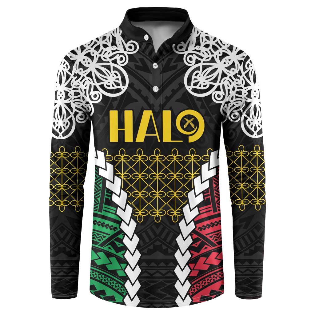 Halo Vanuatu Pride Button Sweatshirt Vanuatuan Sand Drawing Pattern LT9 Black - Polynesian Pride