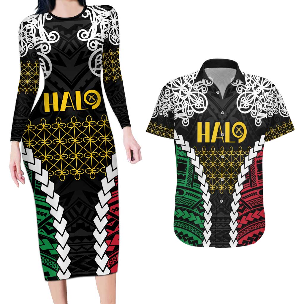 Halo Vanuatu Pride Couples Matching Long Sleeve Bodycon Dress and Hawaiian Shirt Vanuatuan Sand Drawing Pattern LT9 Black - Polynesian Pride