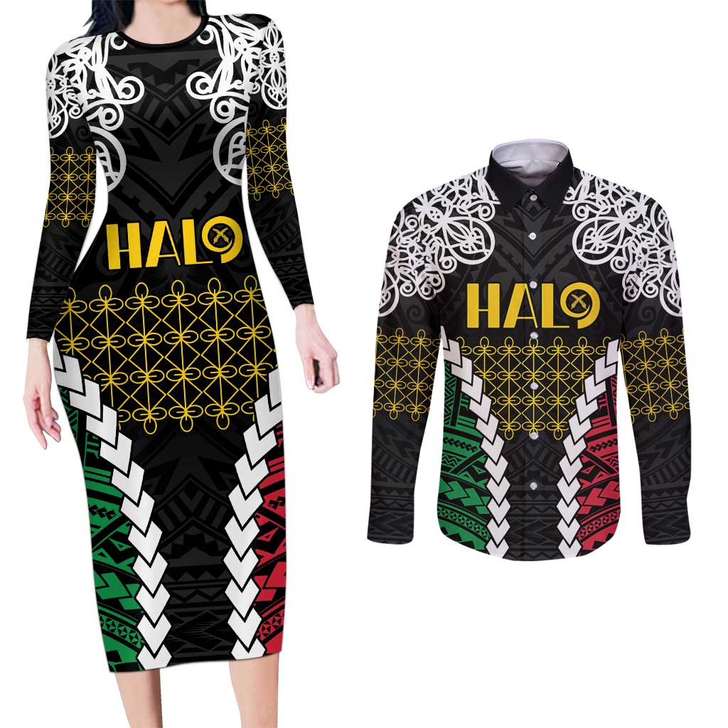 Halo Vanuatu Pride Couples Matching Long Sleeve Bodycon Dress and Long Sleeve Button Shirt Vanuatuan Sand Drawing Pattern LT9 Black - Polynesian Pride