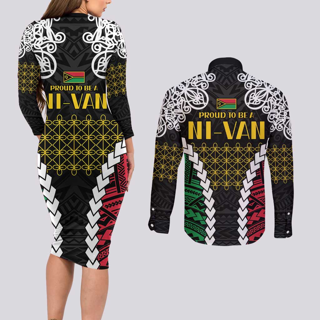 Halo Vanuatu Pride Couples Matching Long Sleeve Bodycon Dress and Long Sleeve Button Shirt Vanuatuan Sand Drawing Pattern LT9 - Polynesian Pride
