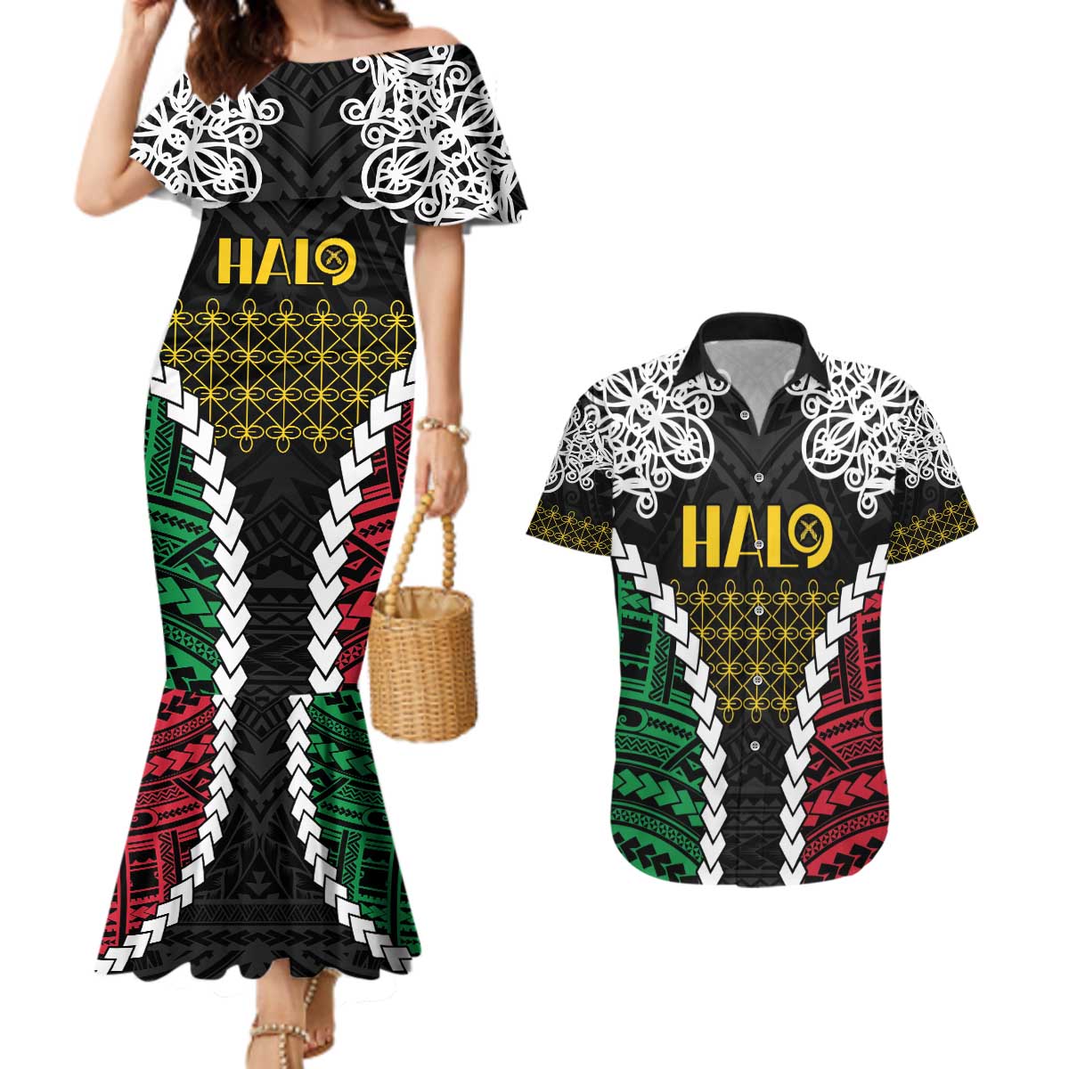 Halo Vanuatu Pride Couples Matching Mermaid Dress and Hawaiian Shirt Vanuatuan Sand Drawing Pattern LT9 Black - Polynesian Pride