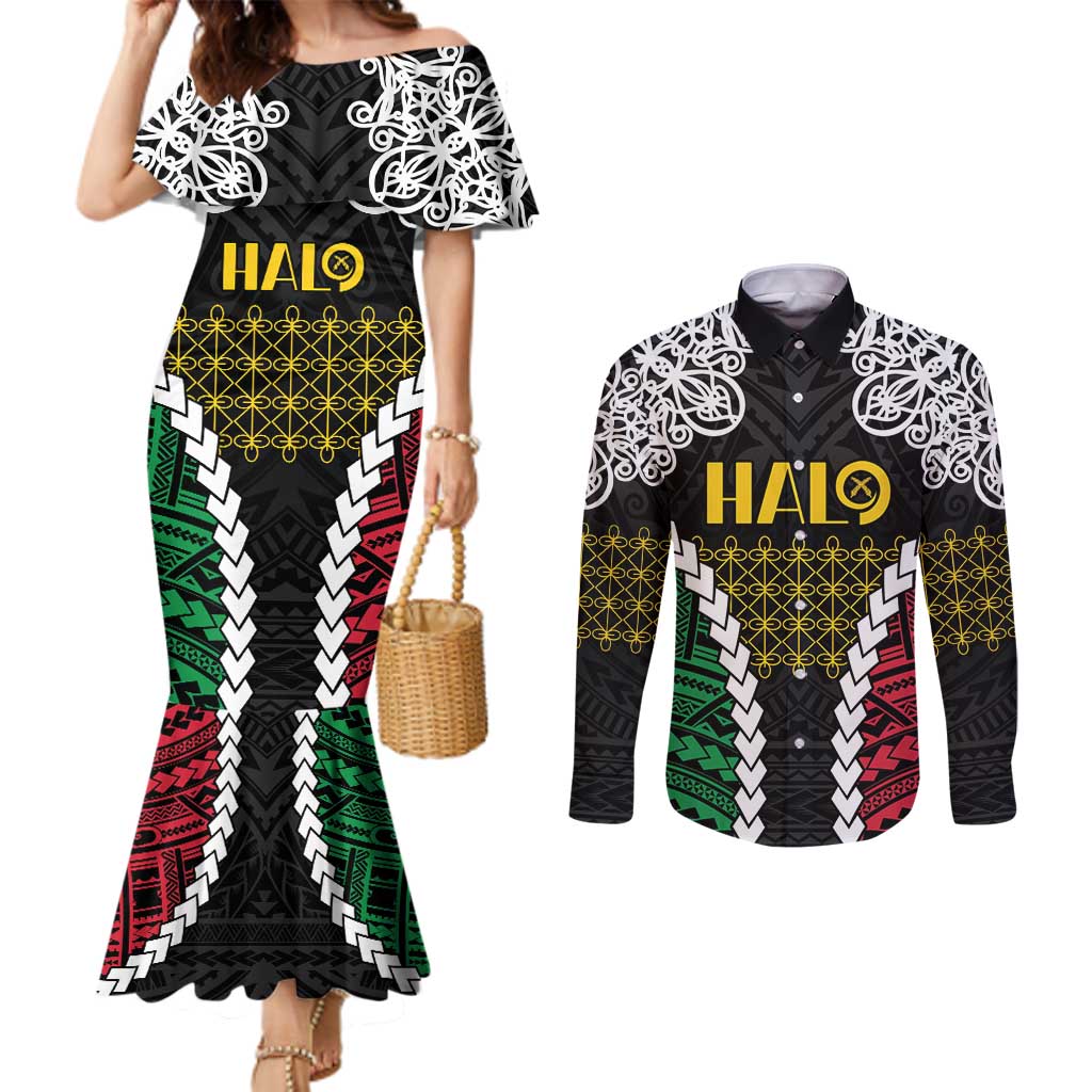Halo Vanuatu Pride Couples Matching Mermaid Dress and Long Sleeve Button Shirt Vanuatuan Sand Drawing Pattern LT9 Black - Polynesian Pride