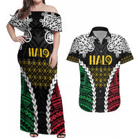 Halo Vanuatu Pride Couples Matching Off Shoulder Maxi Dress and Hawaiian Shirt Vanuatuan Sand Drawing Pattern LT9 Black - Polynesian Pride