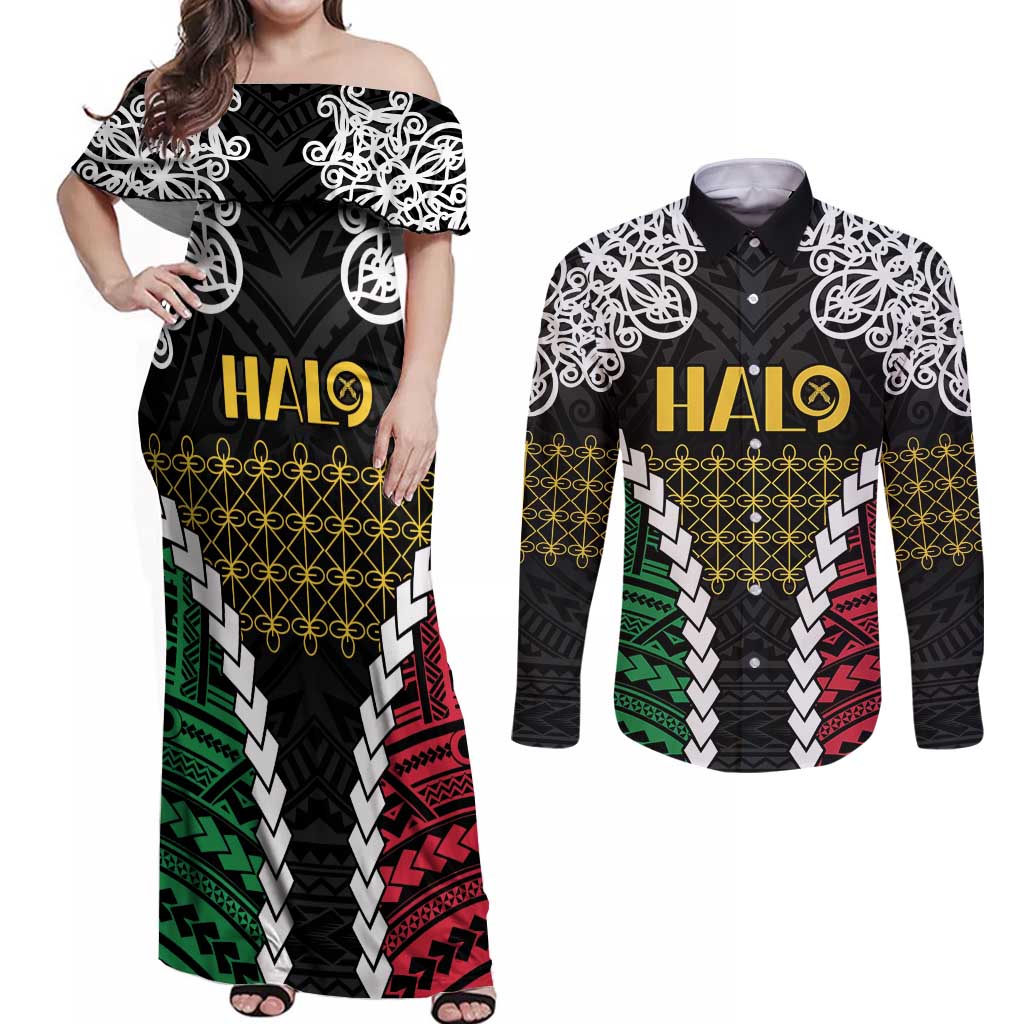 Halo Vanuatu Pride Couples Matching Off Shoulder Maxi Dress and Long Sleeve Button Shirt Vanuatuan Sand Drawing Pattern LT9 Black - Polynesian Pride