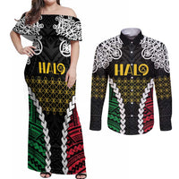 Halo Vanuatu Pride Couples Matching Off Shoulder Maxi Dress and Long Sleeve Button Shirt Vanuatuan Sand Drawing Pattern LT9 Black - Polynesian Pride