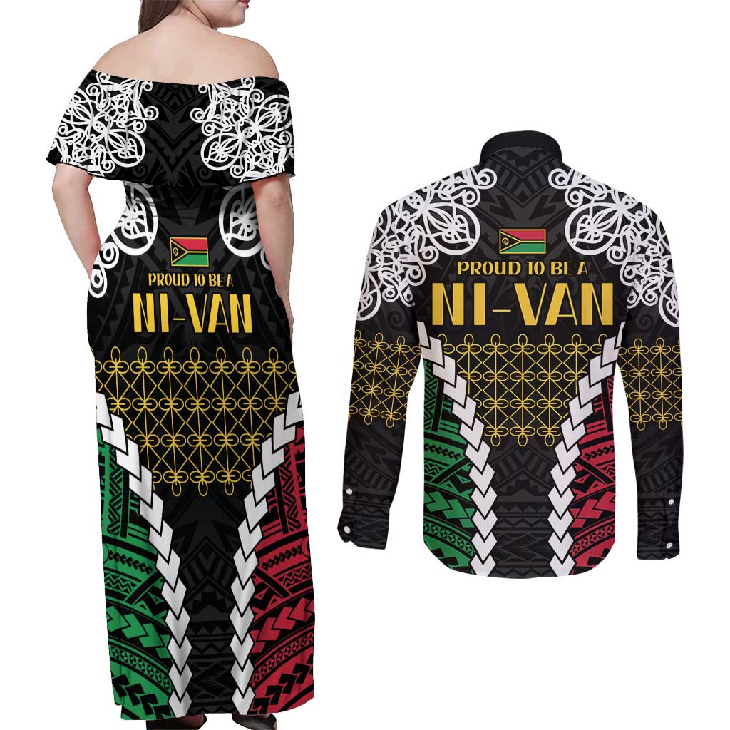 Halo Vanuatu Pride Couples Matching Off Shoulder Maxi Dress and Long Sleeve Button Shirt Vanuatuan Sand Drawing Pattern LT9 - Polynesian Pride