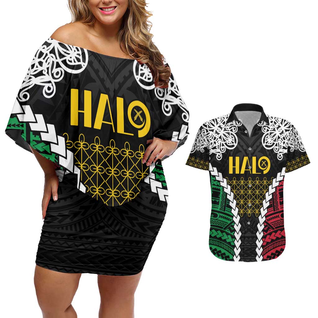 Halo Vanuatu Pride Couples Matching Off Shoulder Short Dress and Hawaiian Shirt Vanuatuan Sand Drawing Pattern LT9 Black - Polynesian Pride