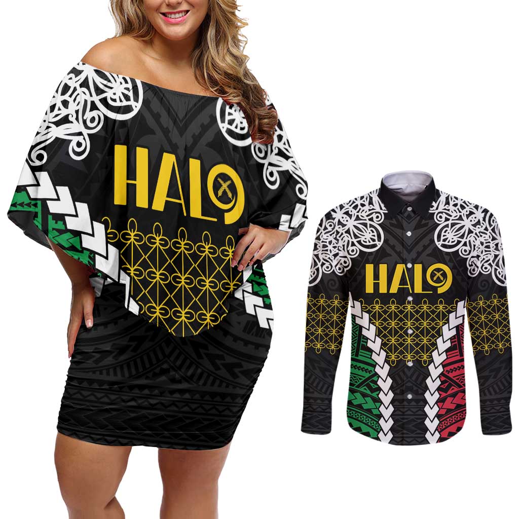 Halo Vanuatu Pride Couples Matching Off Shoulder Short Dress and Long Sleeve Button Shirt Vanuatuan Sand Drawing Pattern LT9 Black - Polynesian Pride