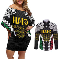 Halo Vanuatu Pride Couples Matching Off Shoulder Short Dress and Long Sleeve Button Shirt Vanuatuan Sand Drawing Pattern LT9 Black - Polynesian Pride