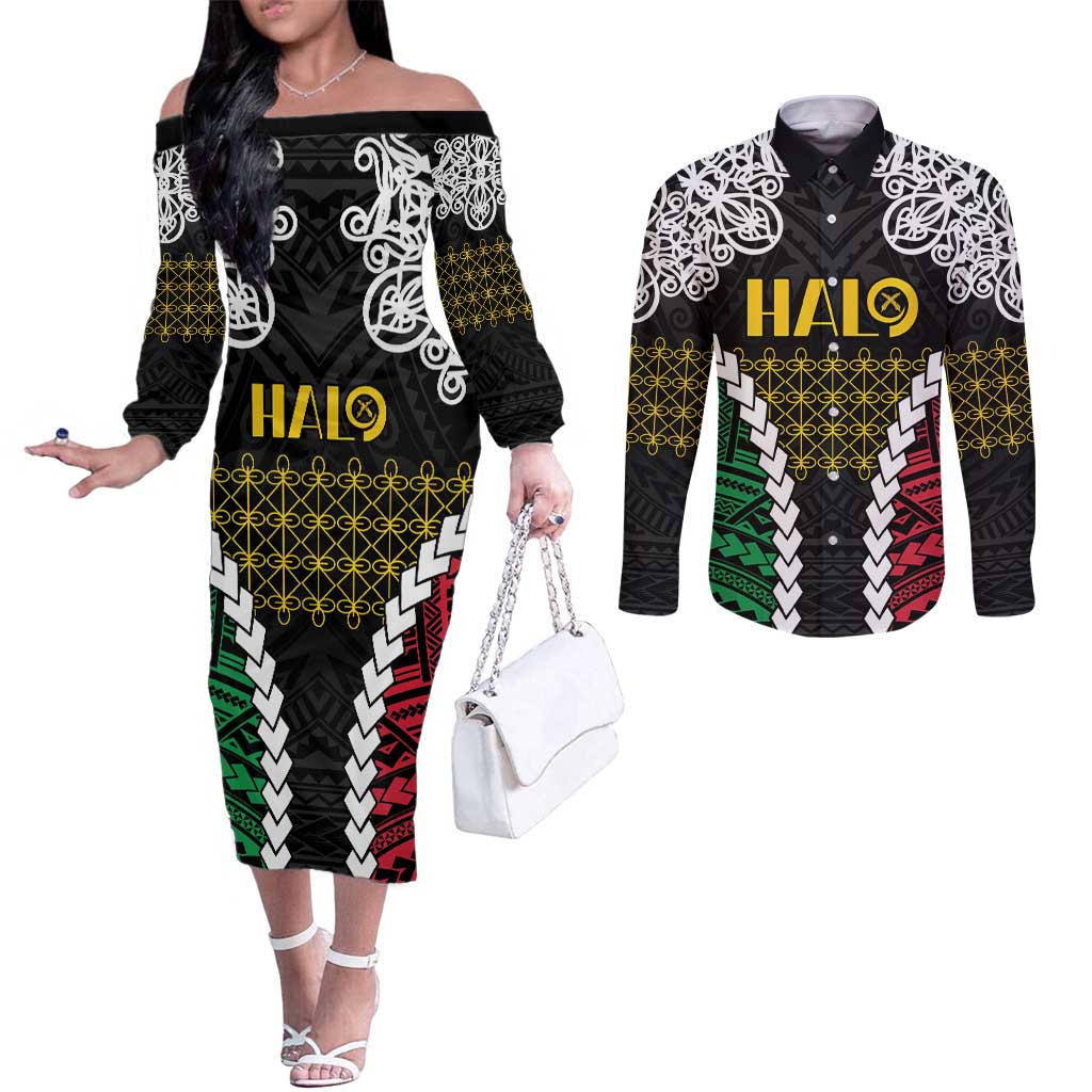 Halo Vanuatu Pride Couples Matching Off The Shoulder Long Sleeve Dress and Long Sleeve Button Shirt Vanuatuan Sand Drawing Pattern LT9 Black - Polynesian Pride