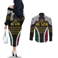 Halo Vanuatu Pride Couples Matching Off The Shoulder Long Sleeve Dress and Long Sleeve Button Shirt Vanuatuan Sand Drawing Pattern LT9 - Polynesian Pride