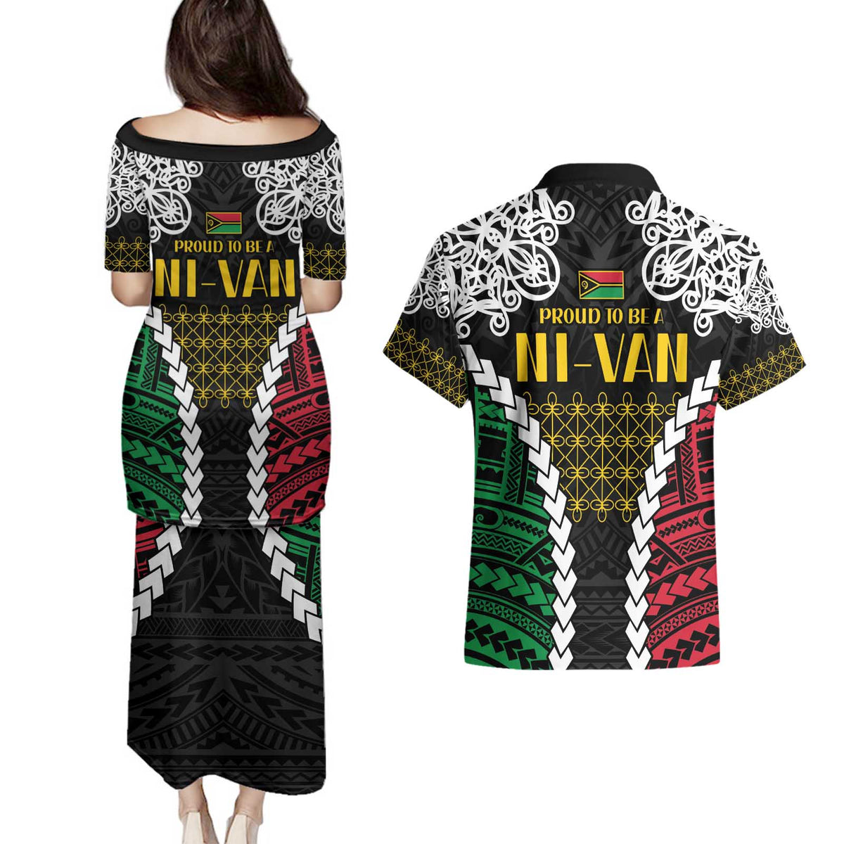 Halo Vanuatu Pride Couples Matching Puletasi and Hawaiian Shirt Vanuatuan Sand Drawing Pattern LT9 - Polynesian Pride