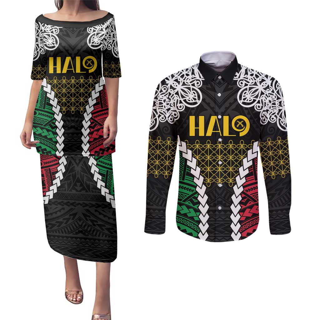 Halo Vanuatu Pride Couples Matching Puletasi and Long Sleeve Button Shirt Vanuatuan Sand Drawing Pattern LT9 Black - Polynesian Pride