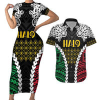 Halo Vanuatu Pride Couples Matching Short Sleeve Bodycon Dress and Hawaiian Shirt Vanuatuan Sand Drawing Pattern LT9 Black - Polynesian Pride