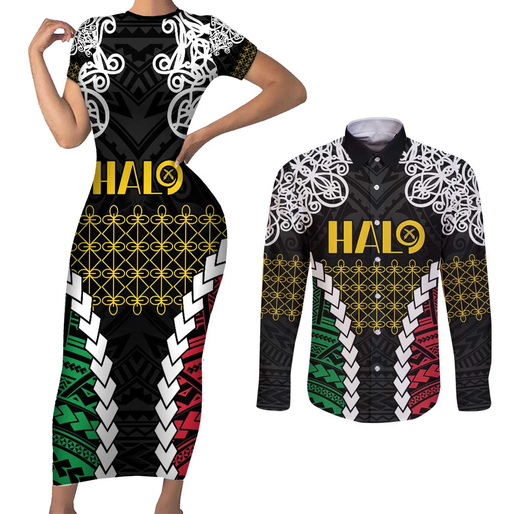 Halo Vanuatu Pride Couples Matching Short Sleeve Bodycon Dress and Long Sleeve Button Shirt Vanuatuan Sand Drawing Pattern LT9 Black - Polynesian Pride