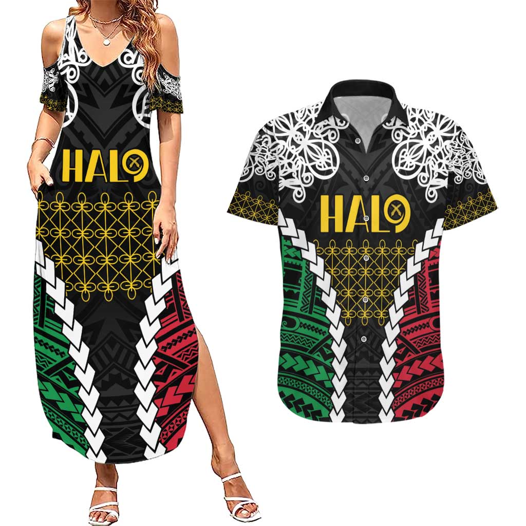 Halo Vanuatu Pride Couples Matching Summer Maxi Dress and Hawaiian Shirt Vanuatuan Sand Drawing Pattern LT9 Black - Polynesian Pride