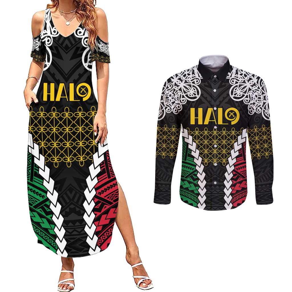 Halo Vanuatu Pride Couples Matching Summer Maxi Dress and Long Sleeve Button Shirt Vanuatuan Sand Drawing Pattern LT9 Black - Polynesian Pride