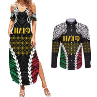 Halo Vanuatu Pride Couples Matching Summer Maxi Dress and Long Sleeve Button Shirt Vanuatuan Sand Drawing Pattern LT9 Black - Polynesian Pride