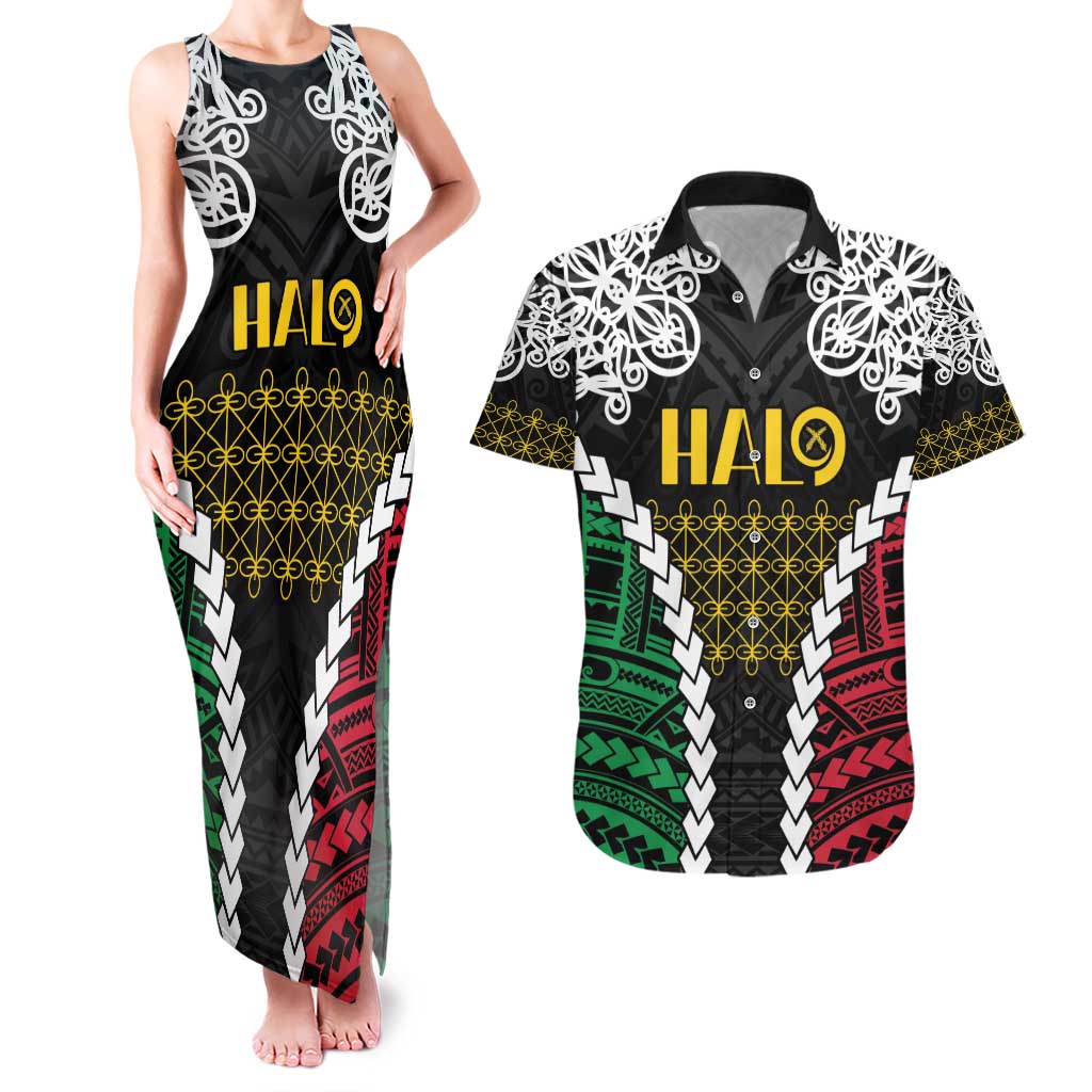Halo Vanuatu Pride Couples Matching Tank Maxi Dress and Hawaiian Shirt Vanuatuan Sand Drawing Pattern LT9 Black - Polynesian Pride