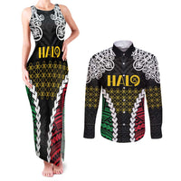 Halo Vanuatu Pride Couples Matching Tank Maxi Dress and Long Sleeve Button Shirt Vanuatuan Sand Drawing Pattern LT9 Black - Polynesian Pride