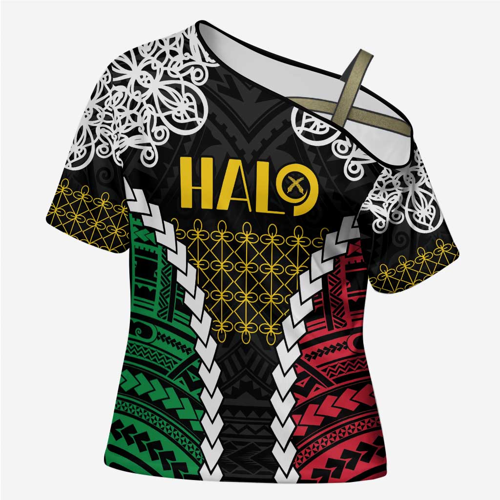 Halo Vanuatu Pride Cross Shoulder Shirt Vanuatuan Sand Drawing Pattern LT9 Female Black - Polynesian Pride