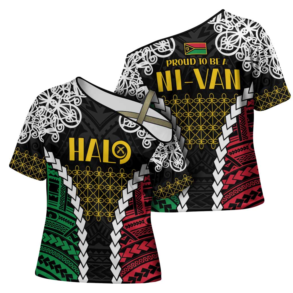 Halo Vanuatu Pride Cross Shoulder Shirt Vanuatuan Sand Drawing Pattern LT9 - Polynesian Pride